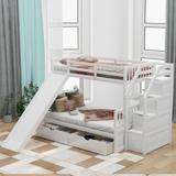 Modern Pine Wood Twin over Full Bunk Bed with Handrails Ladder with Storge Wheeled Drawers and Slide