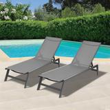 2-Pcs Set 75''L All Weather Outdoor Aluminum Recliner 5-Angle Adjustable Patio Chaise Lounge Chair with Mesh&Mobile Wheels