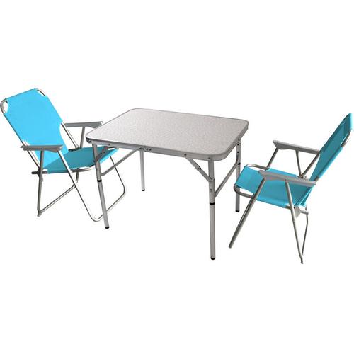 3tlg. Campingmöbel-Set Tisch 75x55cm + 2x Campingstuhl, Hellblau/ Strandmöbel Campinggarnitur