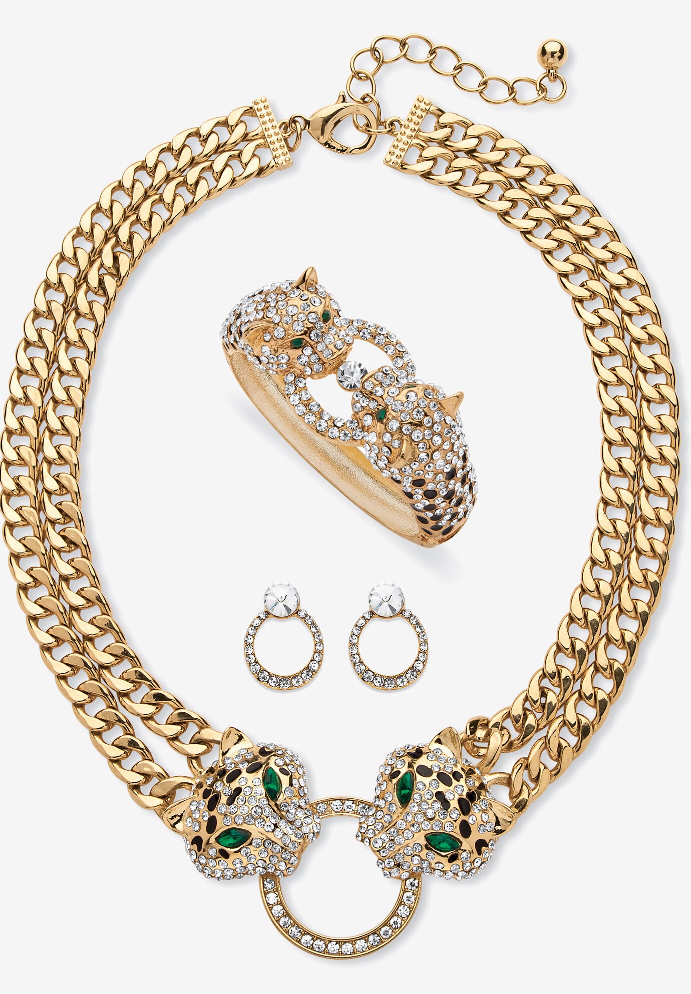 Women's Gold Tone Leopard Collar Necklace, Earring and Bracelet Set by PalmBeach Jewelry in Emerald