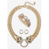 Women's Gold Tone Leopard Collar Necklace, Earring and Bracelet Set by PalmBeach Jewelry in Emerald