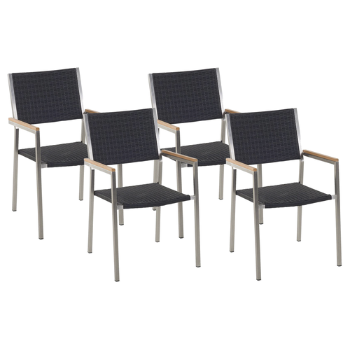 Gartenstühle 4er Set Schwarz / Silber Polyrattan Edelstahl mit Armlehnen Rattanbespannung Terrasse Outdoor Modernes Design