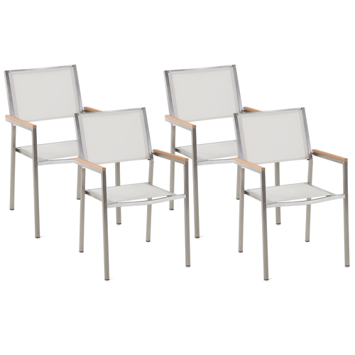 Gartenstühle 4er Set Silber Textilbespannung Weiß mit Armlehnen aus Polyester Edelstahl Kunstholz Terrasse Outdoor Modernes Design