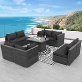 Latitude Run® Patio Furniture Conversation Sofa Set w/ Firepit Table & Cushions Synthetic Wicker/All - Weather Wicker/Metal/Wicker/Rattan/Rust | Wayfair