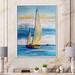East Urban Home Two Sailing Boats w/ Fisherman on the Blue Sea - Painting on Canvas Metal in Blue/Yellow | 32 H x 16 W x 1 D in | Wayfair