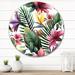 East Urban Home Tropical Red Flowers On White II - Traditional Metal Circle Wall Art Metal in Green/Pink | 11 H x 11 W x 1 D in | Wayfair