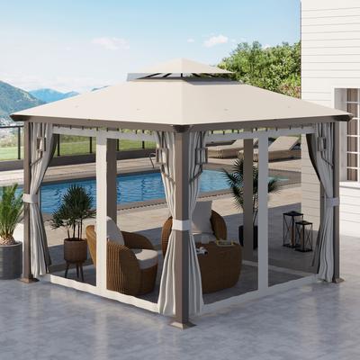 Outsunny 10' x 10' Patio Gazebo Outdoor Canopy Shelter with Aluminum Frame, Double Tier Roof, Netting and Curtains