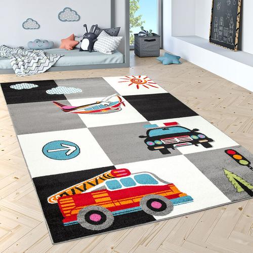 Paco Home - Kinderteppich Spielteppich Polizei Feuerwehr Flugzeug Karo Creme Grau Schwarz 80x150 cm