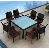 Lark Manor™ Kaneb Square 8 - Person 59" Long Outdoor Dining Set w/ Cushion Glass in Black/Blue | Wayfair 38F62F1896AA4FD1BD175CF051EFDCF3