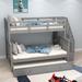 Harriet Bee Wood Bunk Bed w/ Twin Size Trundle, Twin Over Full Bunk Bed w/ Storage & Guard Rail in Gray | 61 H x 54 W x 91 D in | Wayfair