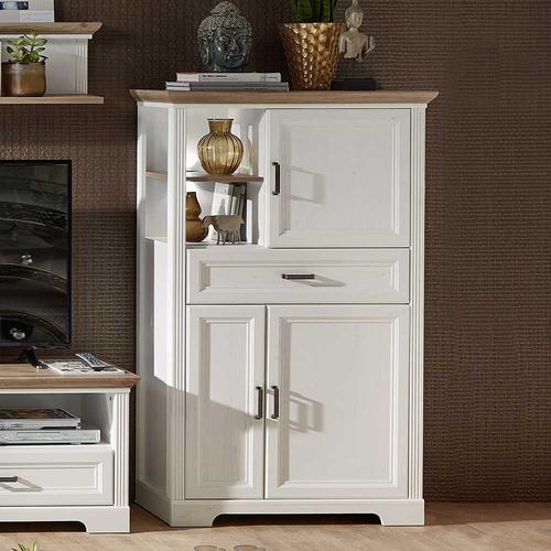 Wohnzimmer Highboard in Weiß und Eichefarben LED Beleuchtung