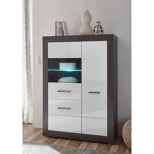 Wohnzimmer Highboard in Weiß Hochglanz und Beton Grau Glastür