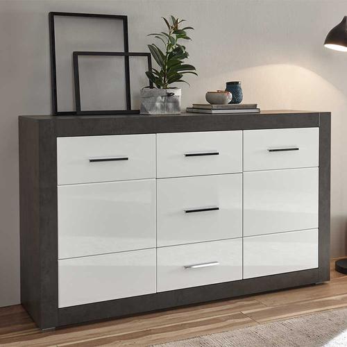 Wohnzimmer Sideboard in Weiß Hochglanz Beton Grau