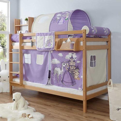 Etagenbett aus Buche Massivholz und Webstoff Prinzessin Motiv