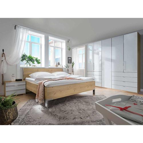 Schlafzimmer Set in Weiß mit Glas beschichtet Eiche Bianco (vierteilig)