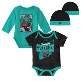 Newborn & Infant Mitchell Ness Black/Turquoise Vancouver Grizzlies 3-Piece Hardwood Classics Bodysuits Cuffed Knit Hat Set