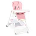 COSTWAY Folding Baby High Chair, Adjustable Infant Reclining Chairs with One-Hand Removable Tray, 4 Lockable Wheels, Large Storage Basket, Removable Cushion, for Toddler from 6-36 Months (Pink)