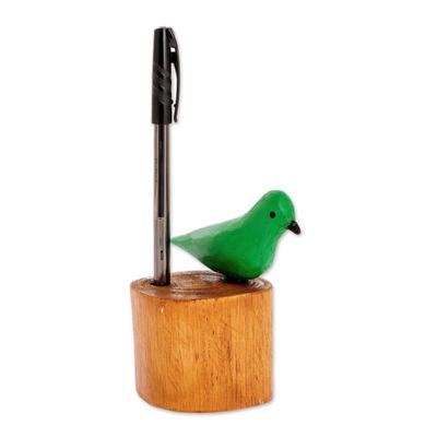 Novica Handmade Green Honeycreeper Wood Pencil Holder