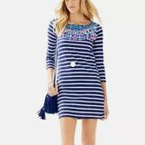 Lilly Pulitzer Dresses | Lilly Pulitzer Bay Dress In Island Medallion Stripe Navy Blue 3/4 Sleeve Dress | Color: Blue/White | Size: Xs