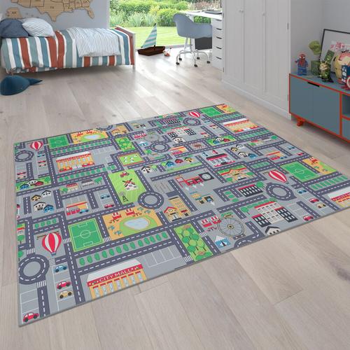 Spielteppich Kinderteppich Kinderzimmer Straßenteppich Mit Auto Motiv, In Grau 120x160 cm - Paco