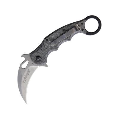 Fox Karambit Linerlock Folding Knife 3in stonewash finish Bohler N690 stainless karambit blade Black linen micarta handle 479MIBSW