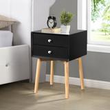 Mid-Century Modern Side Table with 2 Drawer, Round Metal Knobs and Rubber Wood Legs, 15.7"L x 15.7"W x 24"H, Black