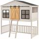 Kinderbett Farmhaus 90 x 200 cm mit Treppe, Dach & Fenster – Hochbett rosa für Kinder – Lattenrost