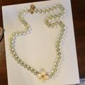 J. Crew Jewelry | Nwot J. Crew Sage Green Beaded Statement Necklace W/White Enamel Flower | Color: Gold/Green | Size: Os