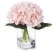 Enova Home Artificial Silk Hydrangea Fake Flowers Arrangement in Clear Glass Vase with Faux Water for Home Office Decoration