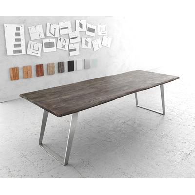 DELIFE Esstisch Edge 260x100cm Akazie Platin Edelstahl Silber schräg Live-Edge, Esstische, Baumkantenmöbel, Massivholzmöbel, Massivholz Image