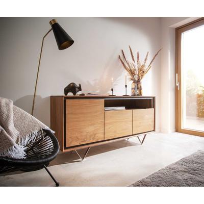 DELIFE Sideboard Stonegrace 145 cm Akazie Natur 3 Türen 1 Fach Steinfurnier V-Fuß, Sideboards Image
