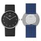 Braun 2-Hand Analogue Quartz Watch, Black Dial and Black Leather Strap with Additional Blue Silicone Rubber Strap, Quick-Release Spring Bars, 38mm, Model BN0281BKBLG.