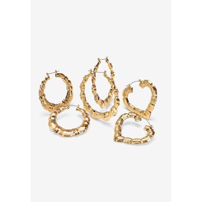 Women's Gold Tone 3 Pair Bamboo Hoop Earring Set by PalmBeach Jewelry in Gold