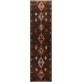 Dark Brown Modern Tribal Moroccan Runner Rug Handmade Wool - 2'10" x 12'10"