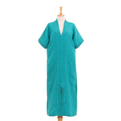 'Sea Green Cotton V-Neck Long Crinkle Cotton Dress'