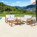 Alaterre Grafton Eucalyptus Wood 4-Piece Set w/ Two 2-Seat Benches, Coffee Table, & Cocktail Outdoor Table Wood/Natural Hardwoods in Brown/White | Wayfair