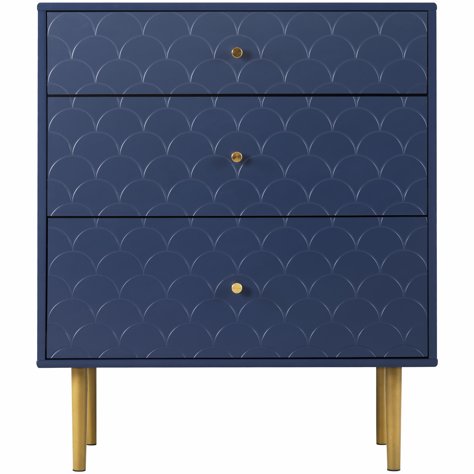Commode bleue à 3 tiroirs avec motif écaille et pieds dorés