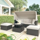4Pcs Outdoor Lift-Top Sectional Sofa Set Rattan Retractable Canopy Daybed