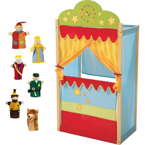 Kasperletheater, Puppentheater mit Uhr, Stand-Kaspertheater aus Massivholz mit Stoffbespannung