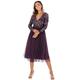 Maya Deluxe Damen Maya Deluxe Midi Elegant Wedding Sleeves Deep V Neck Sequins Cocktail Prom Bridesmaid Dress, Berry, 52 EU