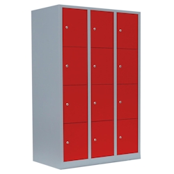 Lüllmann® Schließfachschrank, 3 Abteile, 12 Fächer, 1800 x 1185 x 500 mm, lichtgrau/feuerrot Image