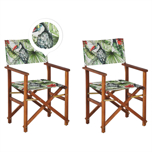 Gartenstühle 2er Set Dunkles Akazienholz mit Wechselbarem Bezug Cremeweiß / Bunt Zusammenklappbar Tukanmuster Outdoor Gartenzubehör