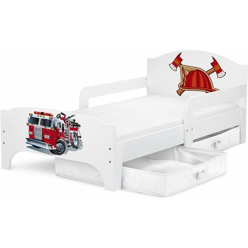 SMART Kinderbett aus Holz - Feuerwehr - Feuerwehrbett mit Schubladen und Matratze (140/70 cm)