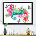 East Urban Home Green Chameleon w/ Butterflies & Flowers III - Painting on Canvas Canvas, in Blue/Green/Pink | 25.5 H x 33.5 W x 1 D in | Wayfair