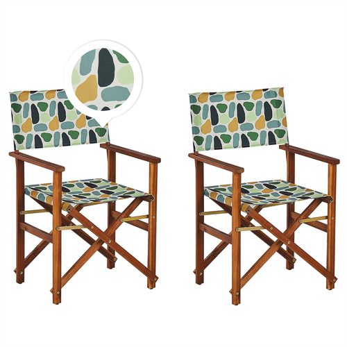 Gartenstühle 2er Set Dunkles Akazienholz mit Wechselbaren Stoffbezügen Grau und Bunt Fleckenmotiv Zusammenklappbar Outdoor Gartenzubehör