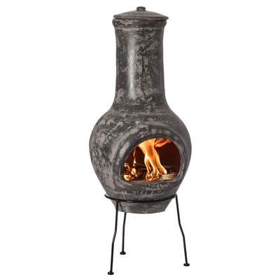 Gray Outdoor Clay Chiminea Outdoor Fireplace Stoney Scribbled Design Charcoal Burning Fire Pit with Sturdy Metal Stand, Barbecue