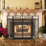 3-Panel Folding Wrought Iron Fireplace Screen with Doors and 4 Pieces Tools Set - 48.5" x 31.5" (L x H)