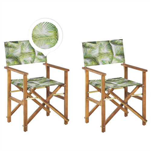 Gartenstühle 2er Set Hellbraunes Akazienholz mit Wechselbarem Bezug Cremeweiß / Hellgrün Zusammenklappbar Palmenmuster Outdoor Gartenzubehör