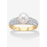 Women's Yellow Gold Over Sterling Silver Genuine Round Cultured Freshwater Pearl And Cubic Zirconia Ring (5/ by PalmBeach Jewelry in Pearl (Size 6)