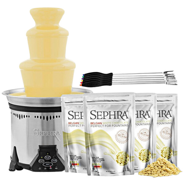 Sephra Elite 19" Chocolate Fountain Package with White Belgian Chocolate and Color-Coded Metal Skewers - 120V, 180W